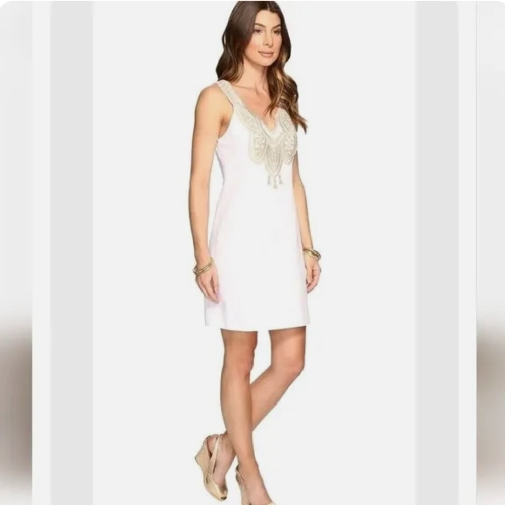 Lilly Pulitzer White and Gold Largo Shift Cotton Dress Size 2